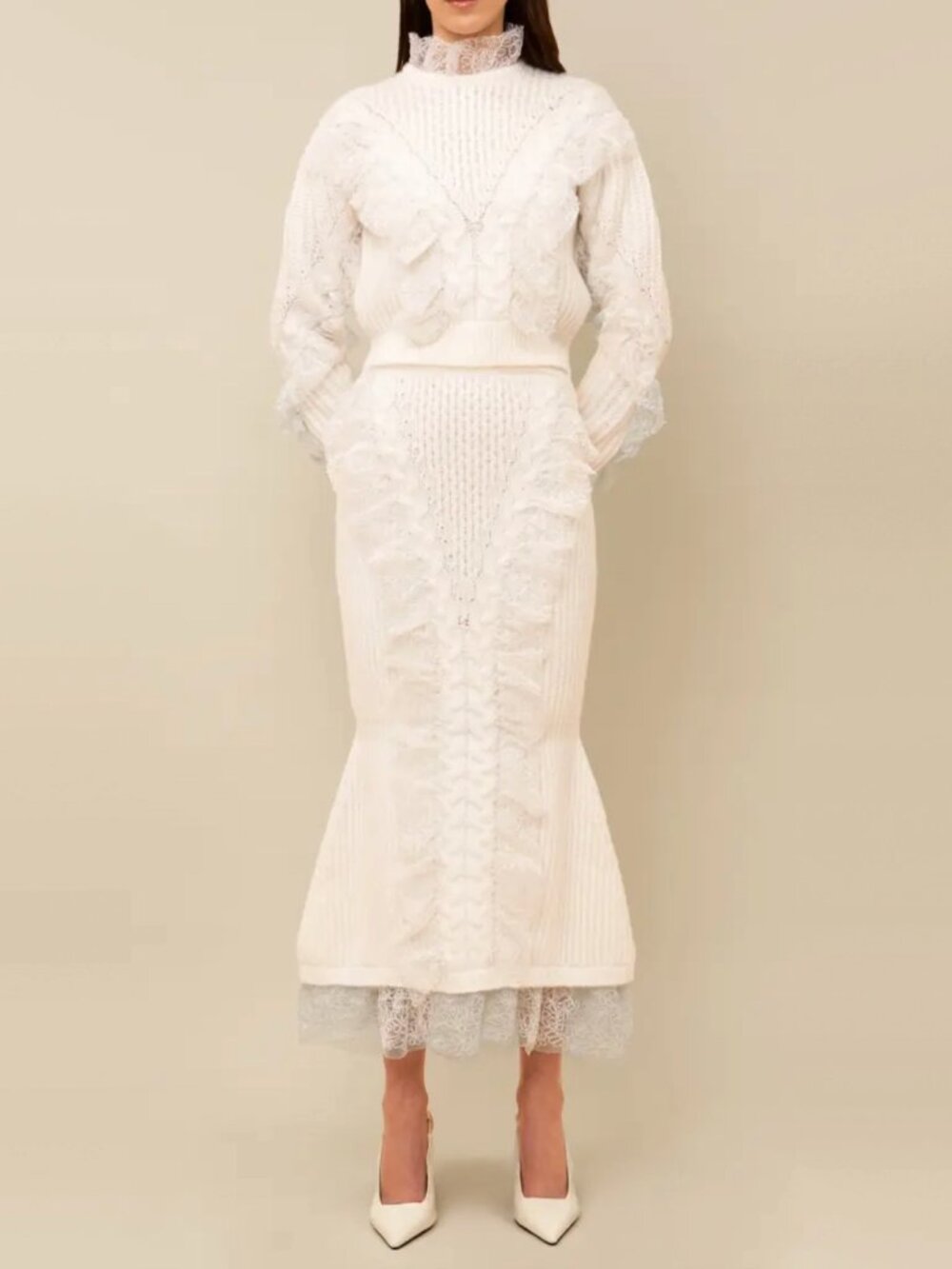 NWT Contessa Mills "Wildes" Lace-Trimmed Wool Knit Skirt in Ivory, size Small